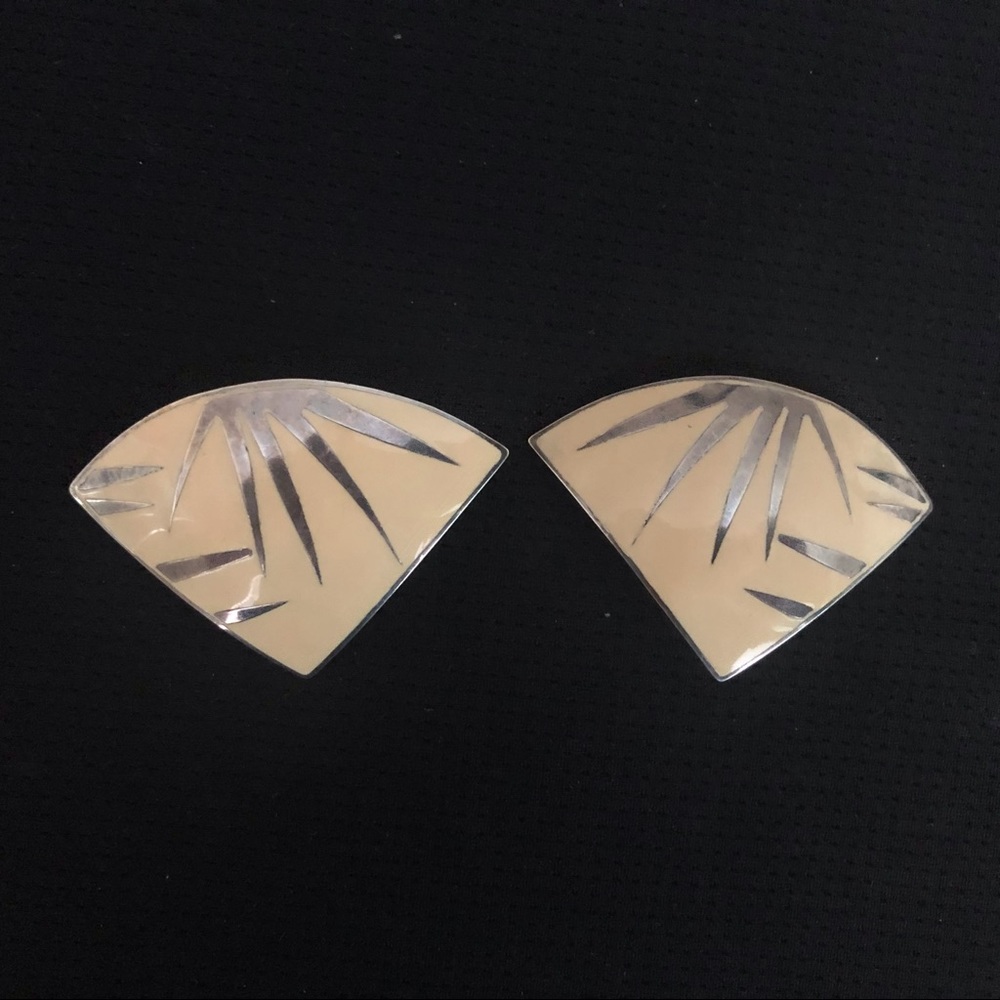 Vintage Enamel White and Silver Triangle Clip On Earrings